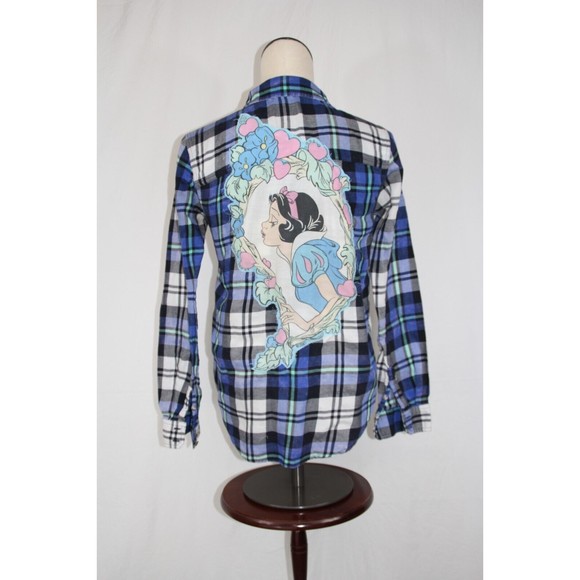 Upcycled Flannel Snow White Shirt Women's XS Button Up Plaid Bleached Distressed - Picture 2 of 10